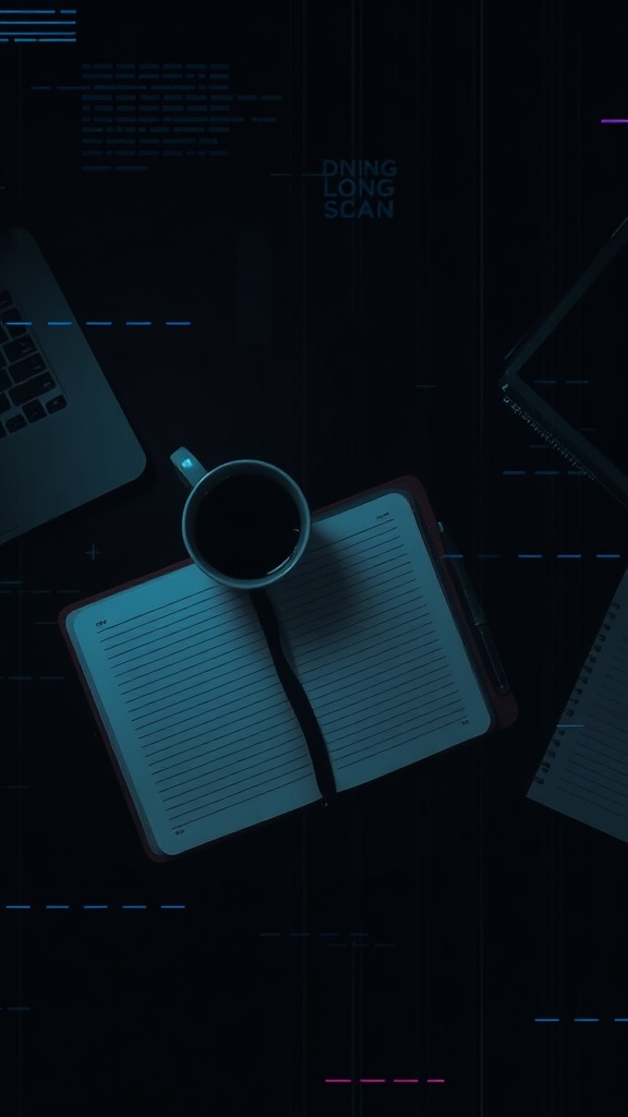 Journal desk scene with scan-line mood